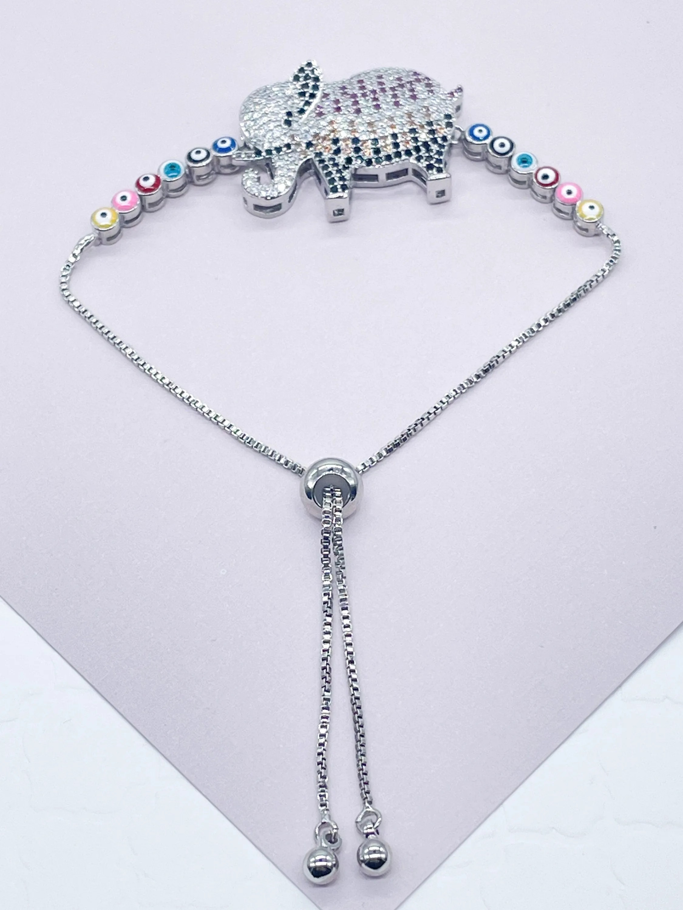 18k Gold Filled Adjustable Multicolor Cubic Zirconia Elephant Bracelet Featuring Colorful Evil Eyes Connected in a Slide Clasp Bracelet