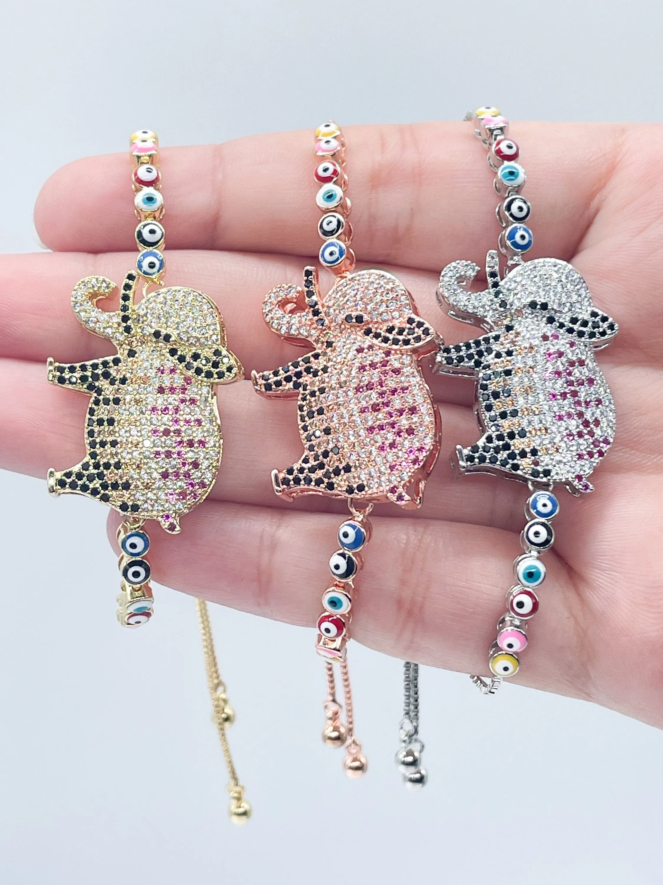 18k Gold Filled Adjustable Multicolor Cubic Zirconia Elephant Bracelet Featuring Colorful Evil Eyes Connected in a Slide Clasp Bracelet
