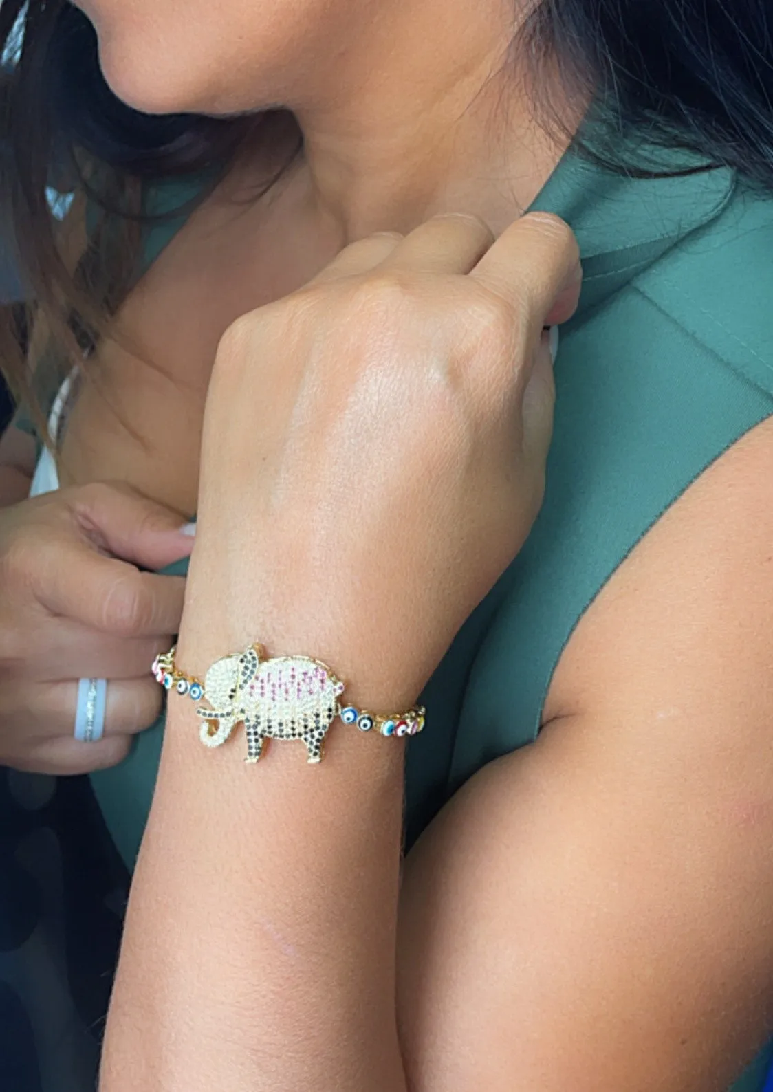 18k Gold Filled Adjustable Multicolor Cubic Zirconia Elephant Bracelet Featuring Colorful Evil Eyes Connected in a Slide Clasp Bracelet