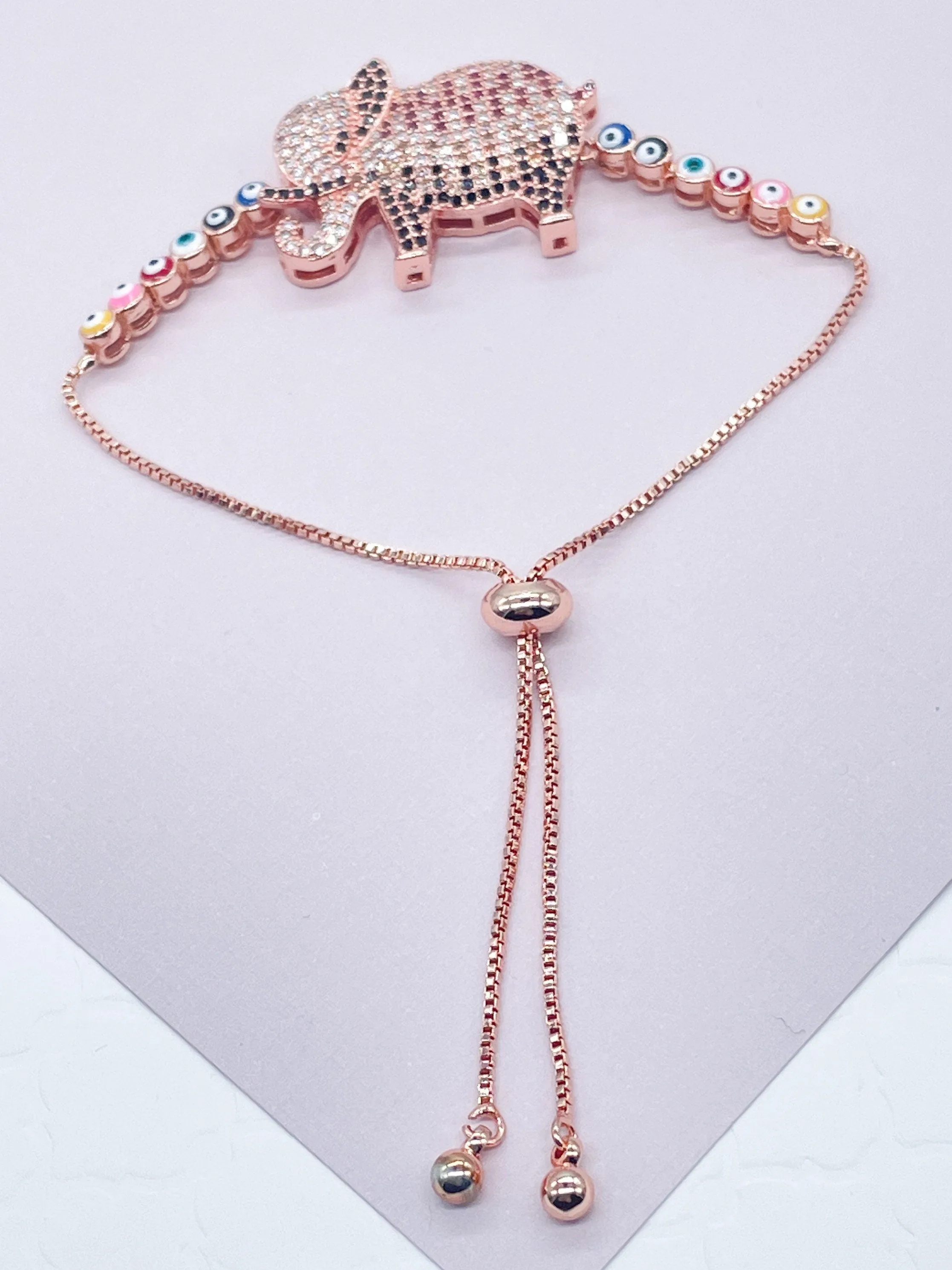 18k Gold Filled Adjustable Multicolor Cubic Zirconia Elephant Bracelet Featuring Colorful Evil Eyes Connected in a Slide Clasp Bracelet