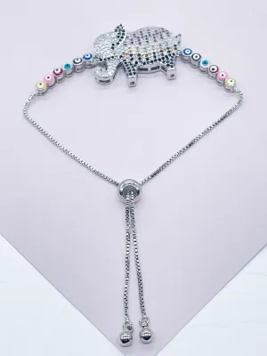 18k Gold Filled Adjustable Multicolor Cubic Zirconia Elephant Bracelet Featuring Colorful Evil Eyes Connected in a Slide Clasp Bracelet