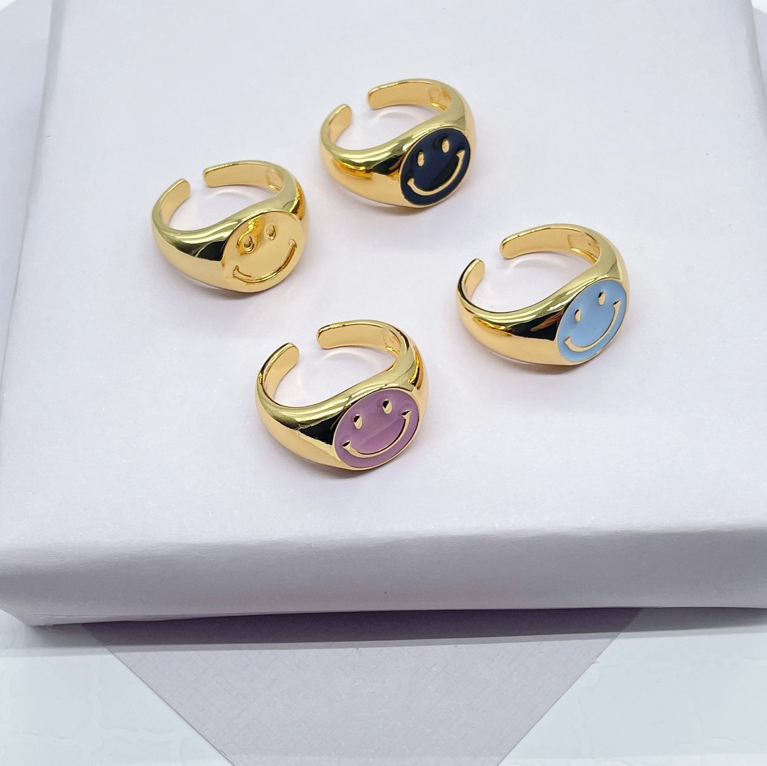 18k Gold Filled Adjustable Smiling Face Rings with Enamel Colors Adjustable Colorful Smiley Summer Rings