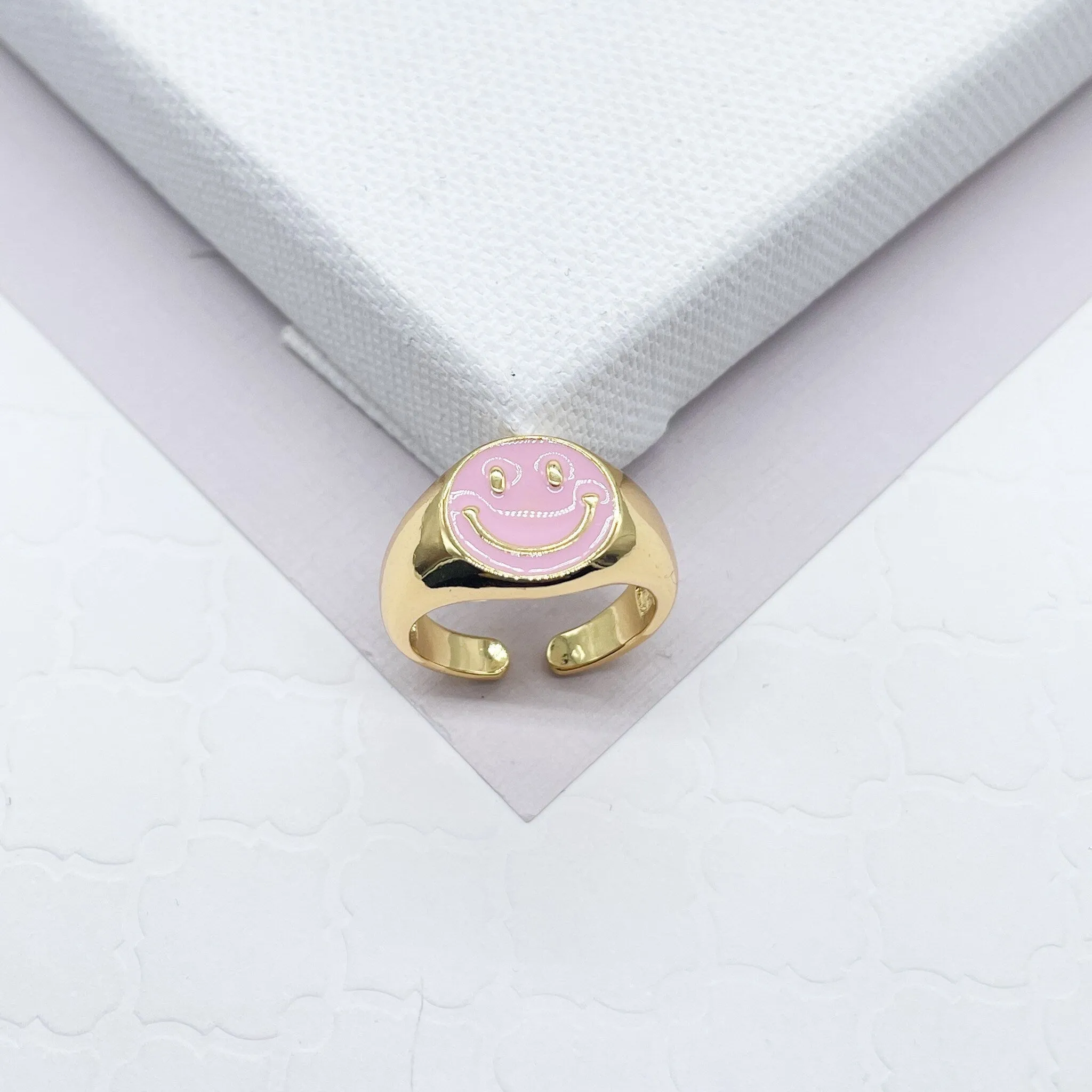 18k Gold Filled Adjustable Smiling Face Rings with Enamel Colors Adjustable Colorful Smiley Summer Rings