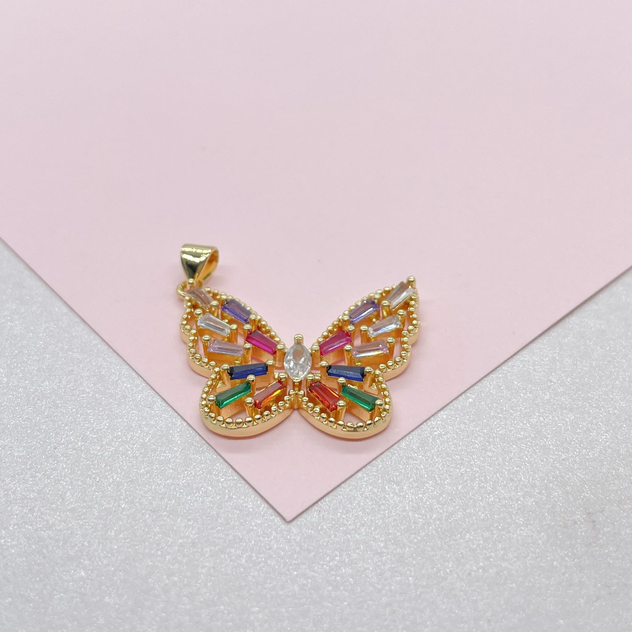 18k Gold Filled Butterfly Charm with Colorful Baguette Charms