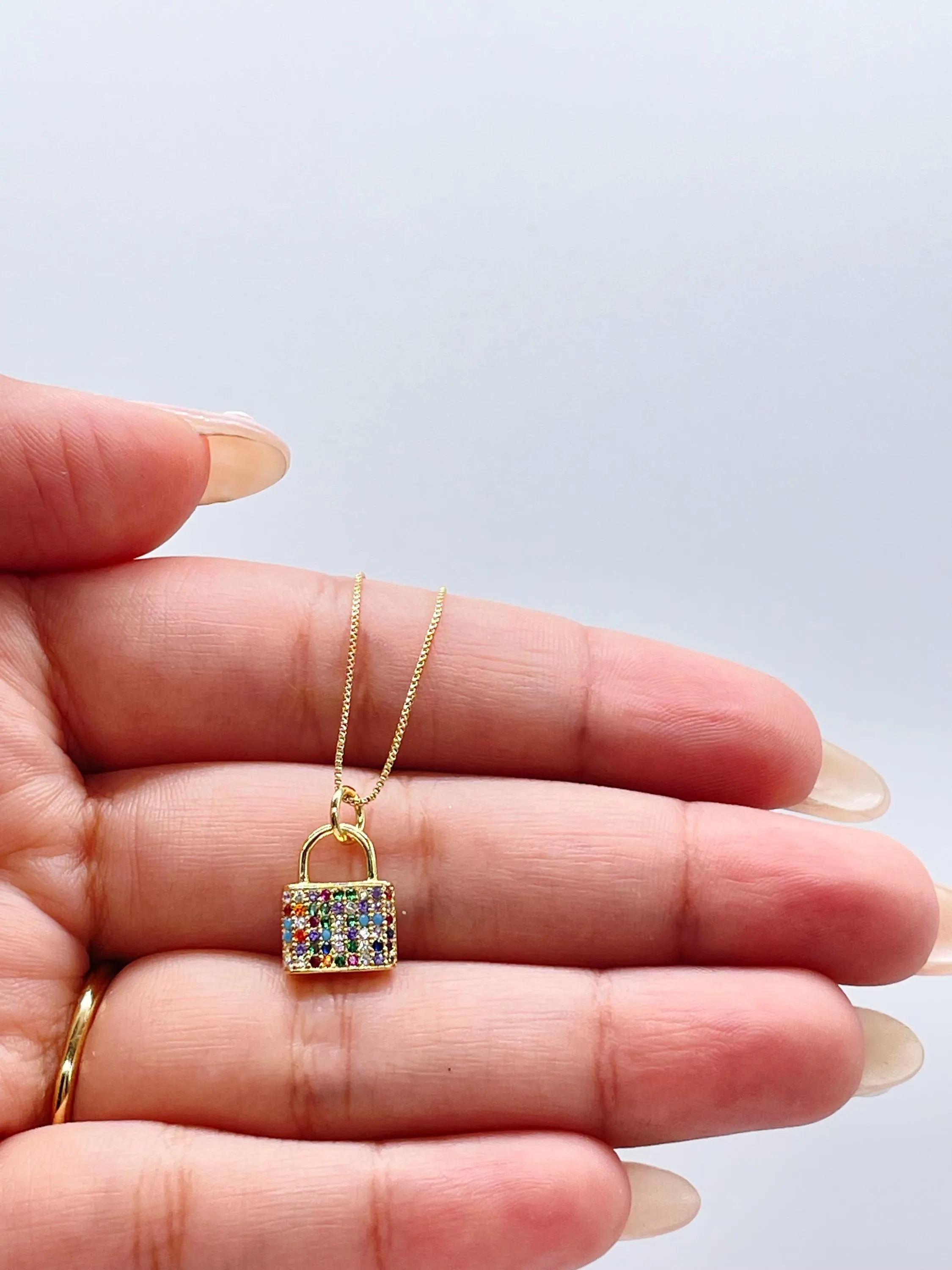 18k Gold Filled Chunky Colorful Pavé Lock Pendant
