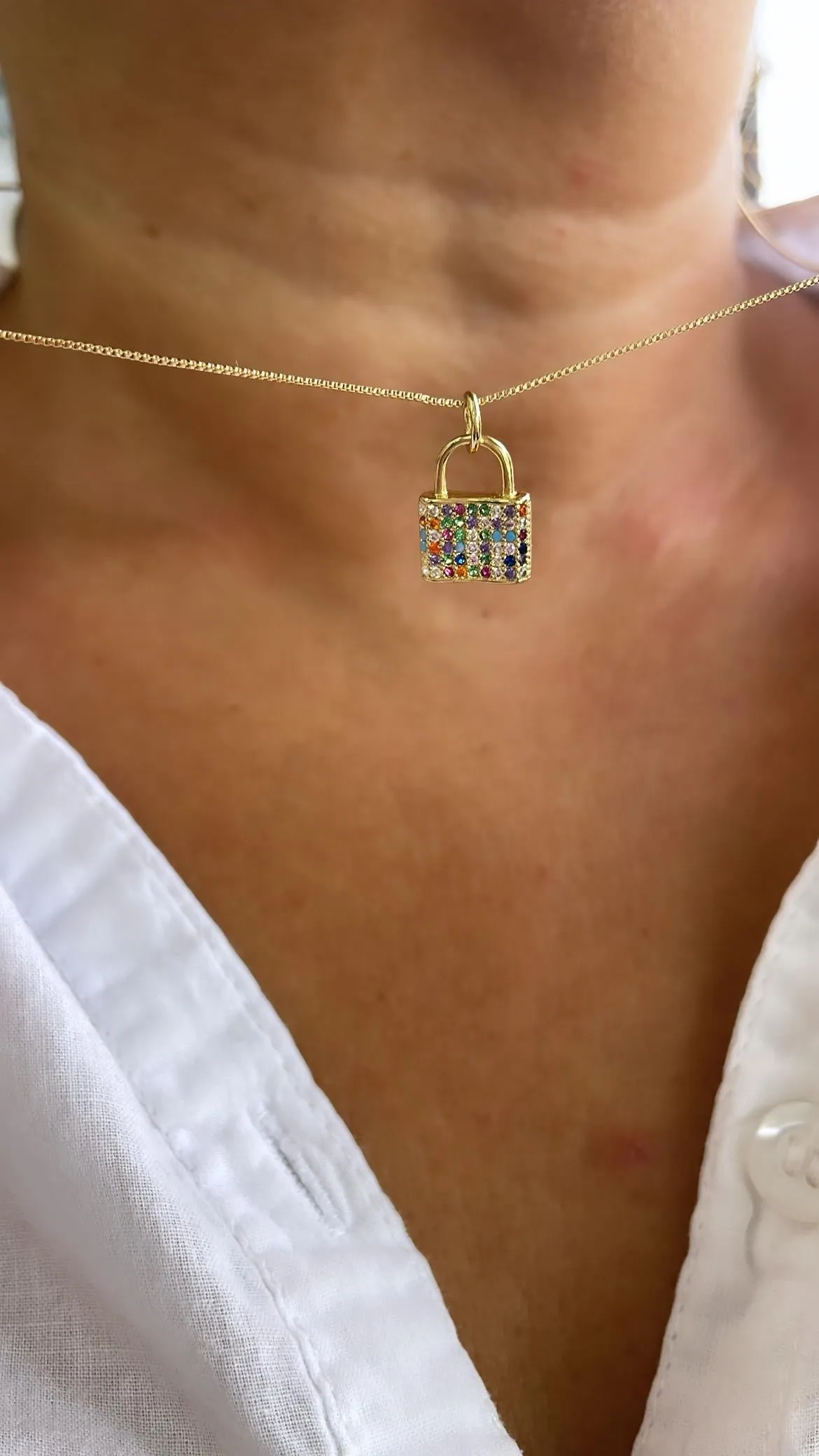 18k Gold Filled Chunky Colorful Pavé Lock Pendant
