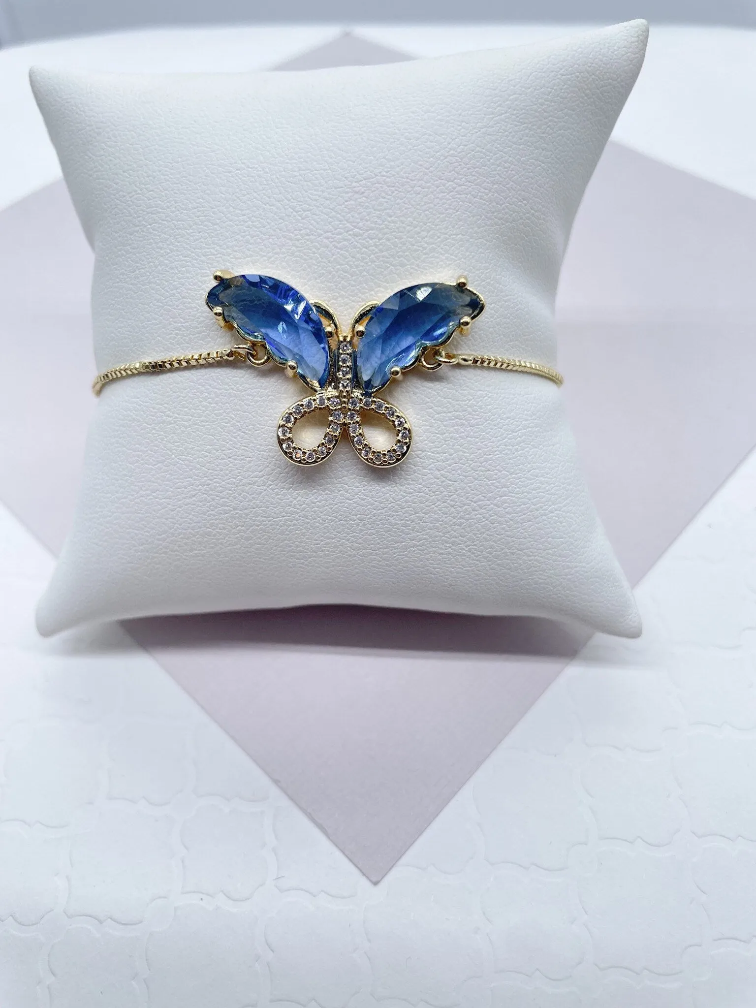 18k Gold Filled Clear Micro Pave Cubic Zirconia And Colorful CZ Butterfly Adjustable Bracelet, Slider Clasp,