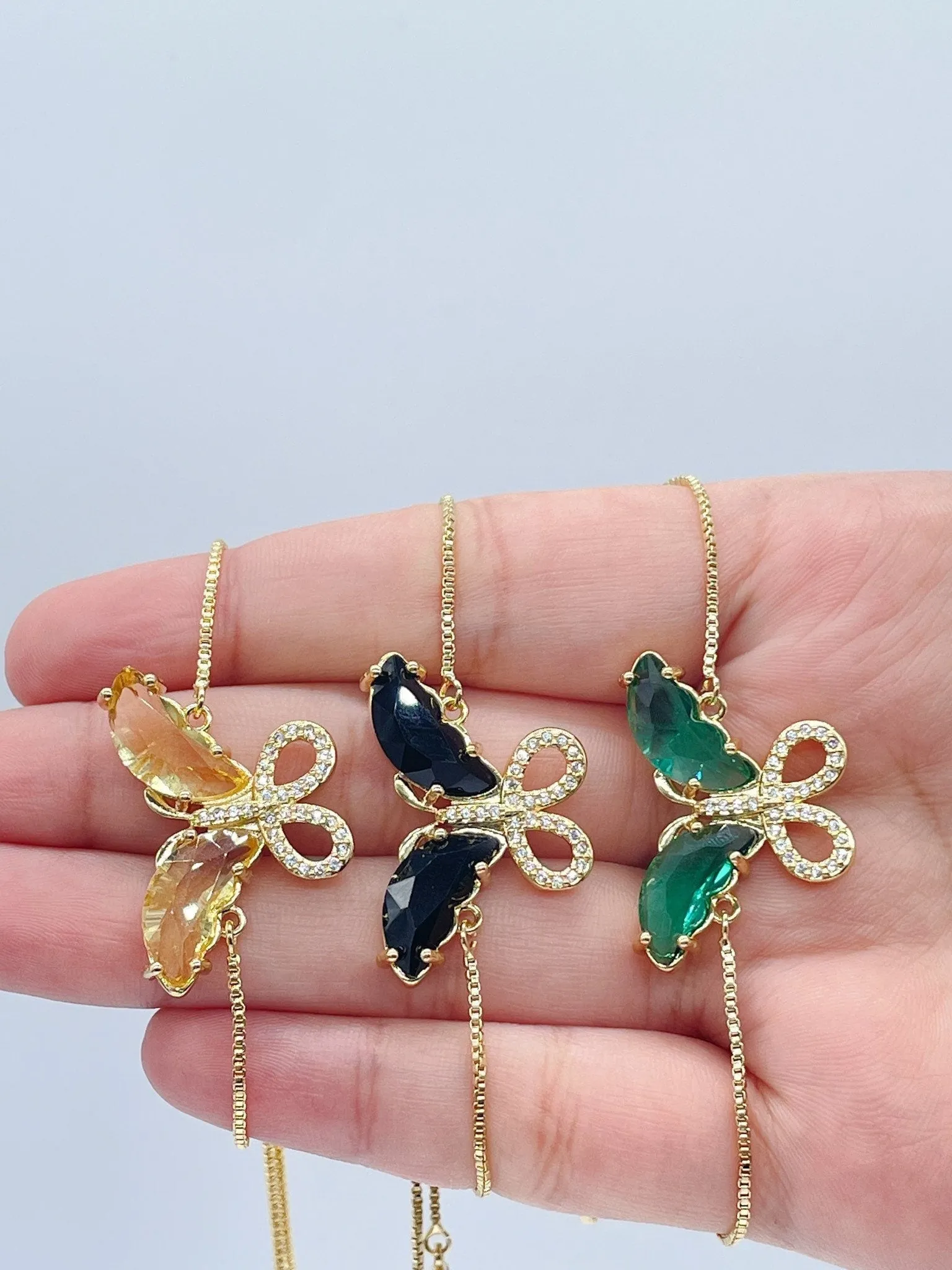 18k Gold Filled Clear Micro Pave Cubic Zirconia And Colorful CZ Butterfly Adjustable Bracelet, Slider Clasp,