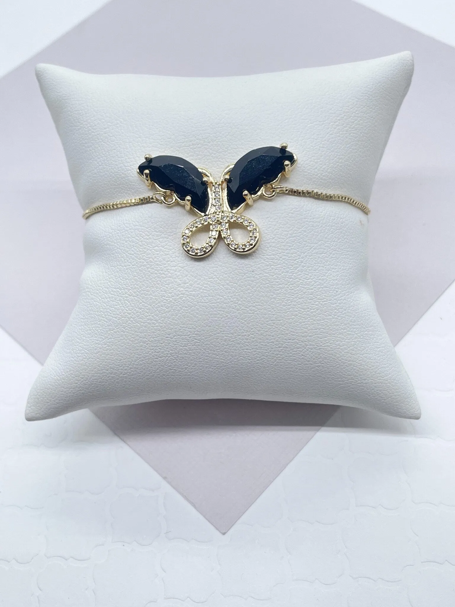 18k Gold Filled Clear Micro Pave Cubic Zirconia And Colorful CZ Butterfly Adjustable Bracelet, Slider Clasp,