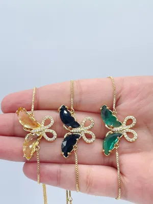 18k Gold Filled Clear Micro Pave Cubic Zirconia And Colorful CZ Butterfly Adjustable Bracelet, Slider Clasp,