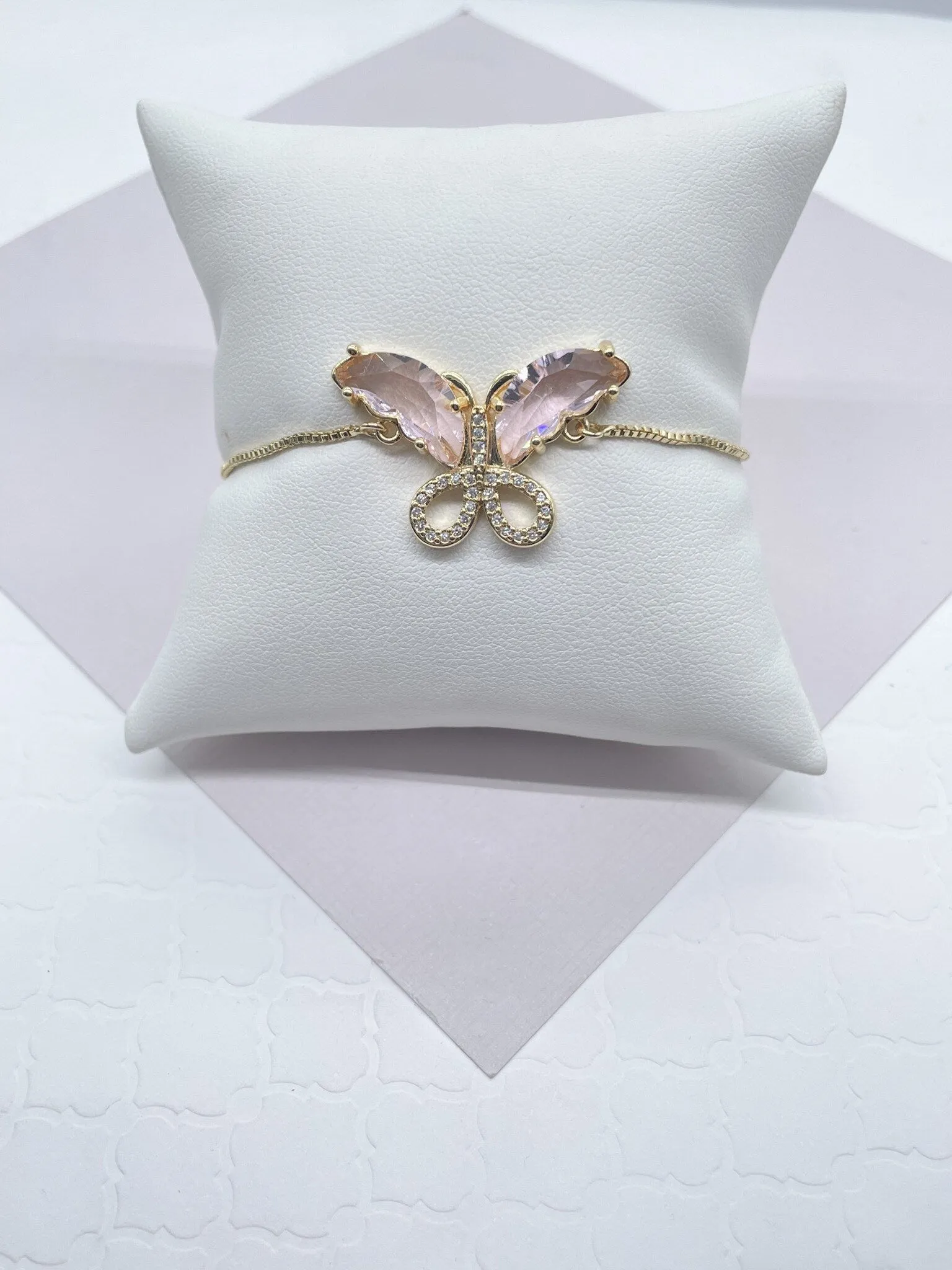 18k Gold Filled Clear Micro Pave Cubic Zirconia And Colorful CZ Butterfly Adjustable Bracelet, Slider Clasp,