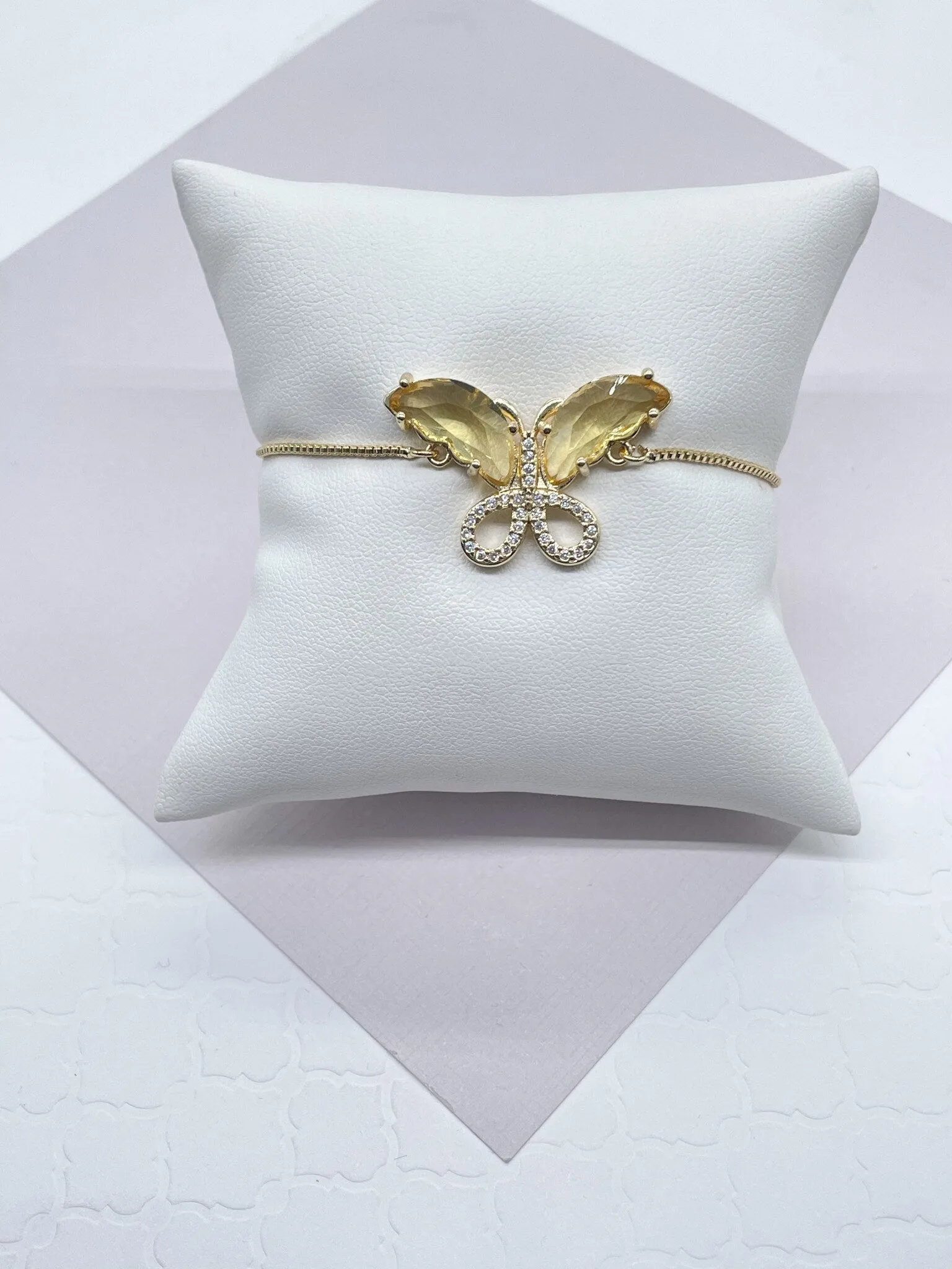 18k Gold Filled Clear Micro Pave Cubic Zirconia And Colorful CZ Butterfly Adjustable Bracelet, Slider Clasp,