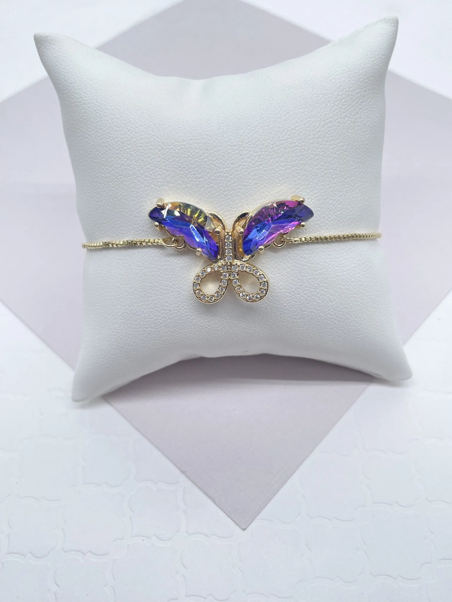 18k Gold Filled Clear Micro Pave Cubic Zirconia And Colorful CZ Butterfly Adjustable Bracelet, Slider Clasp,