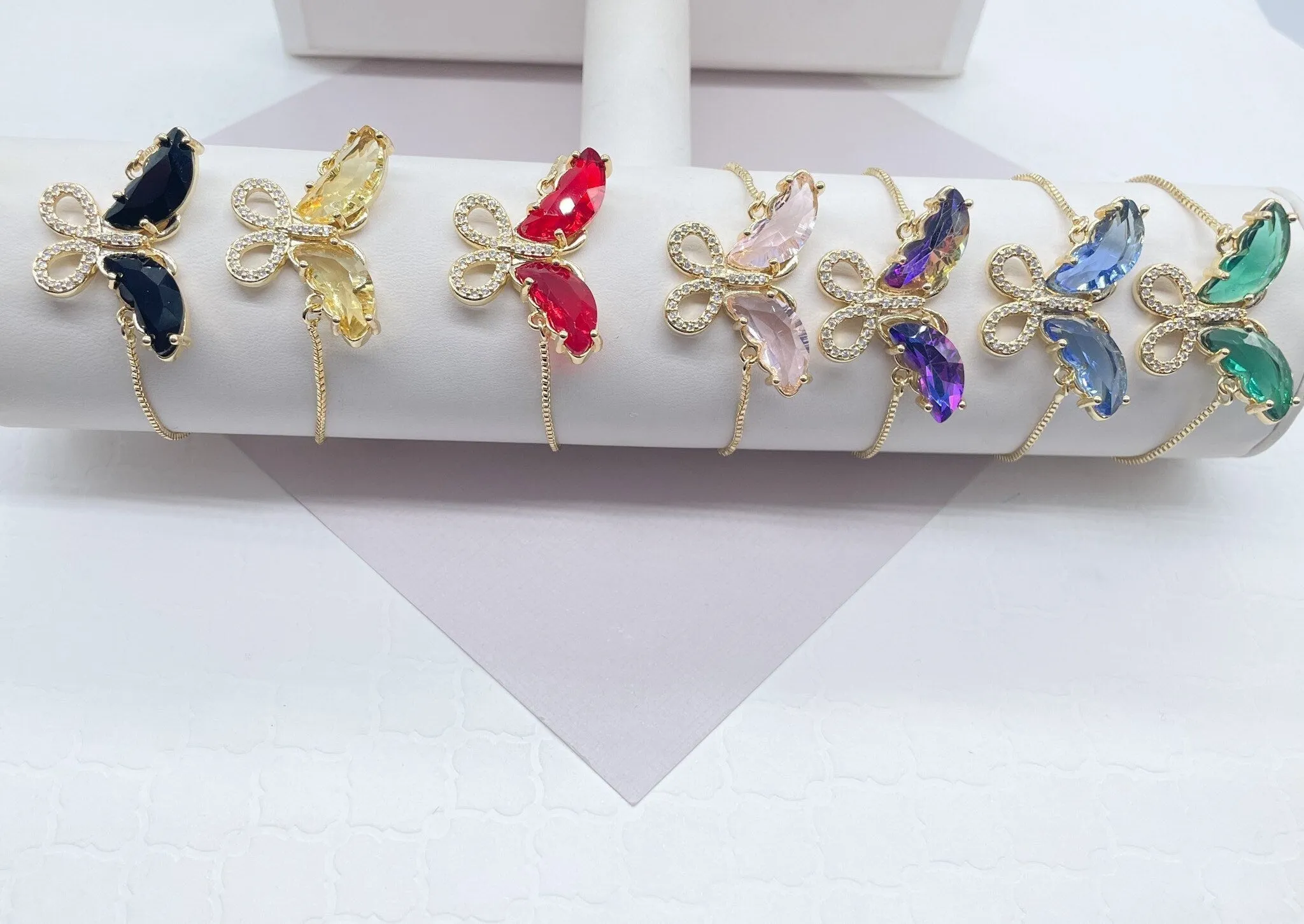 18k Gold Filled Clear Micro Pave Cubic Zirconia And Colorful CZ Butterfly Adjustable Bracelet, Slider Clasp,