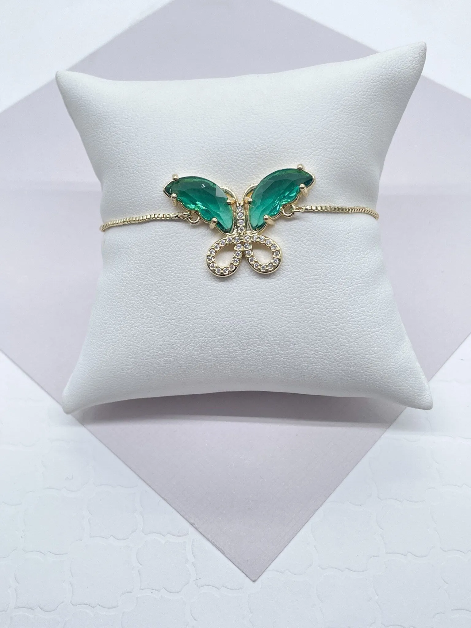 18k Gold Filled Clear Micro Pave Cubic Zirconia And Colorful CZ Butterfly Adjustable Bracelet, Slider Clasp,