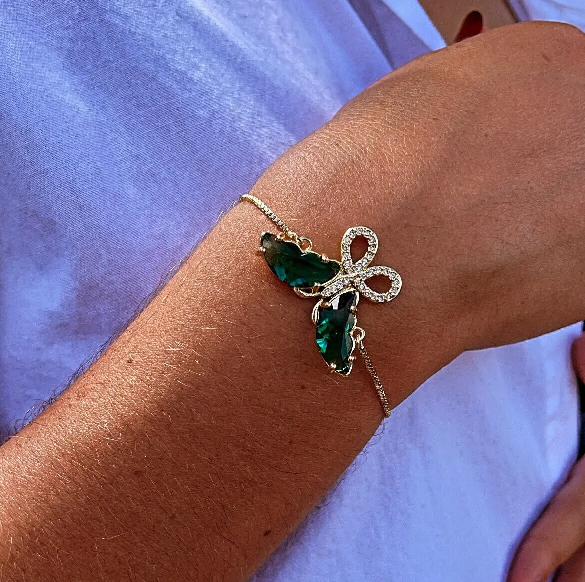 18k Gold Filled Clear Micro Pave Cubic Zirconia And Colorful CZ Butterfly Adjustable Bracelet, Slider Clasp,