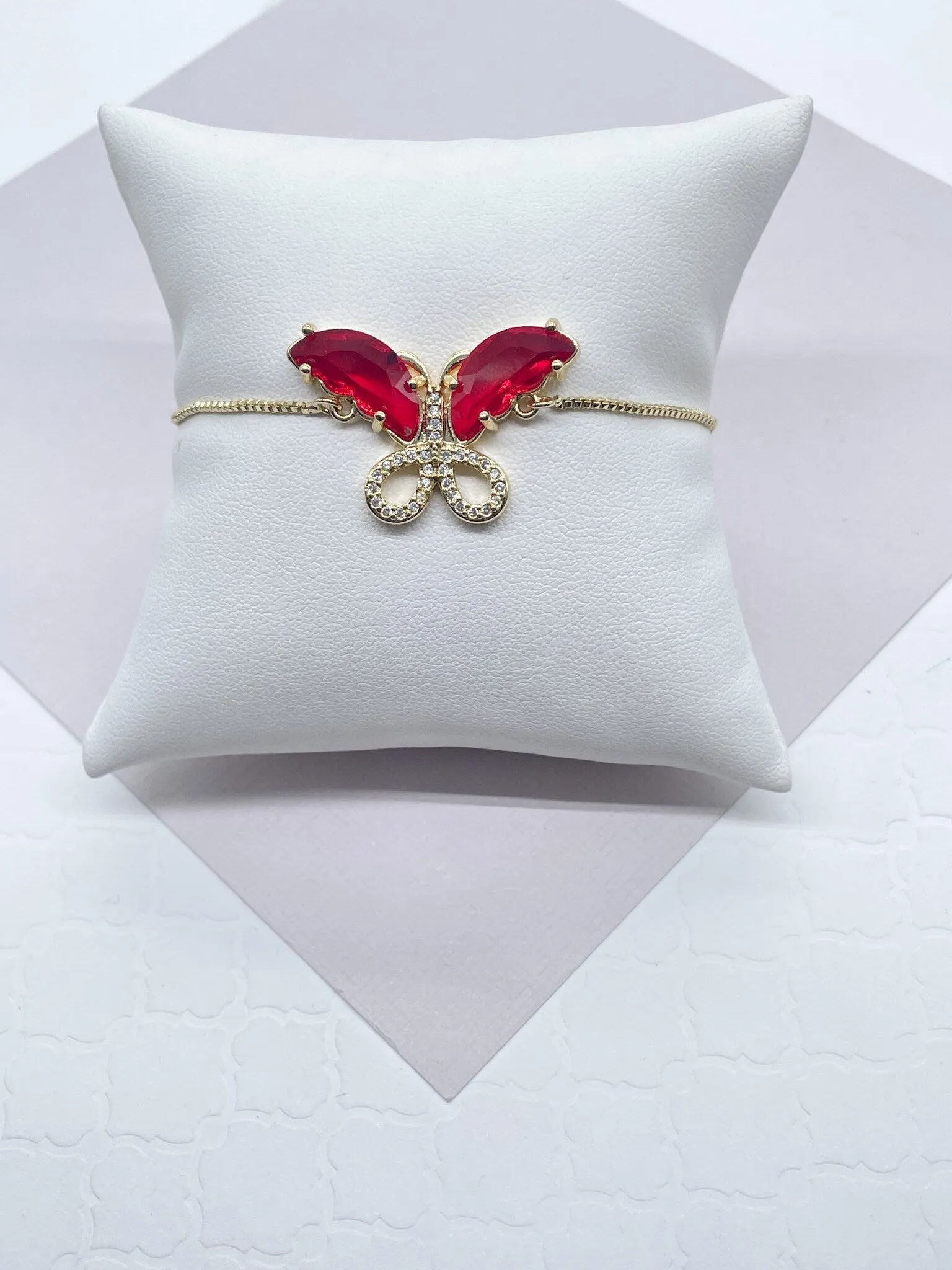 18k Gold Filled Clear Micro Pave Cubic Zirconia And Colorful CZ Butterfly Adjustable Bracelet, Slider Clasp,