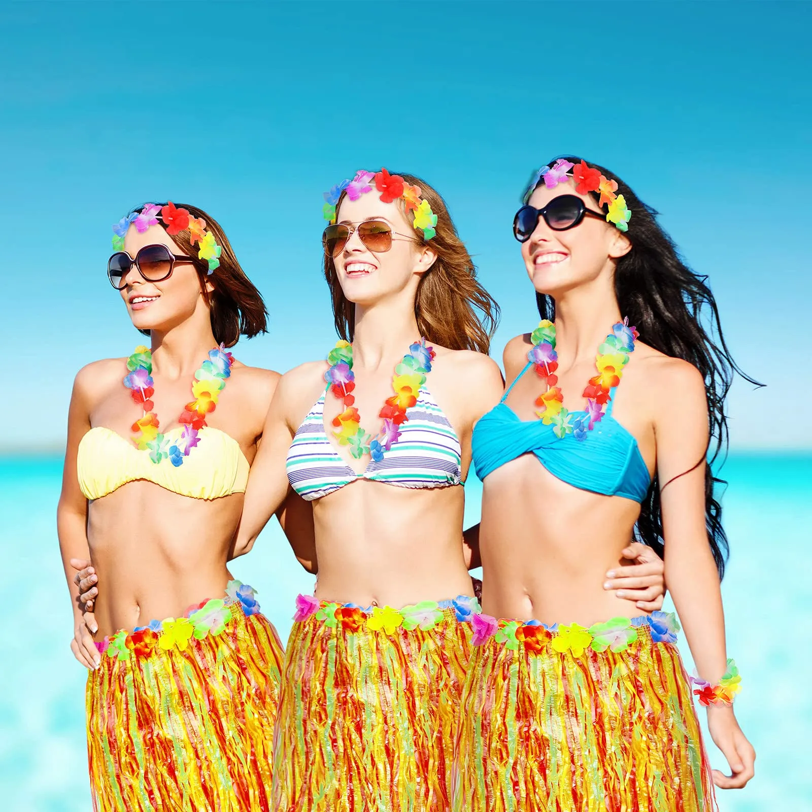2 Sets 60 cm Hawaiian Hula Grass Skirt with Pineapple Sunglasses Flower Accessories, Straw Colorful Skirts