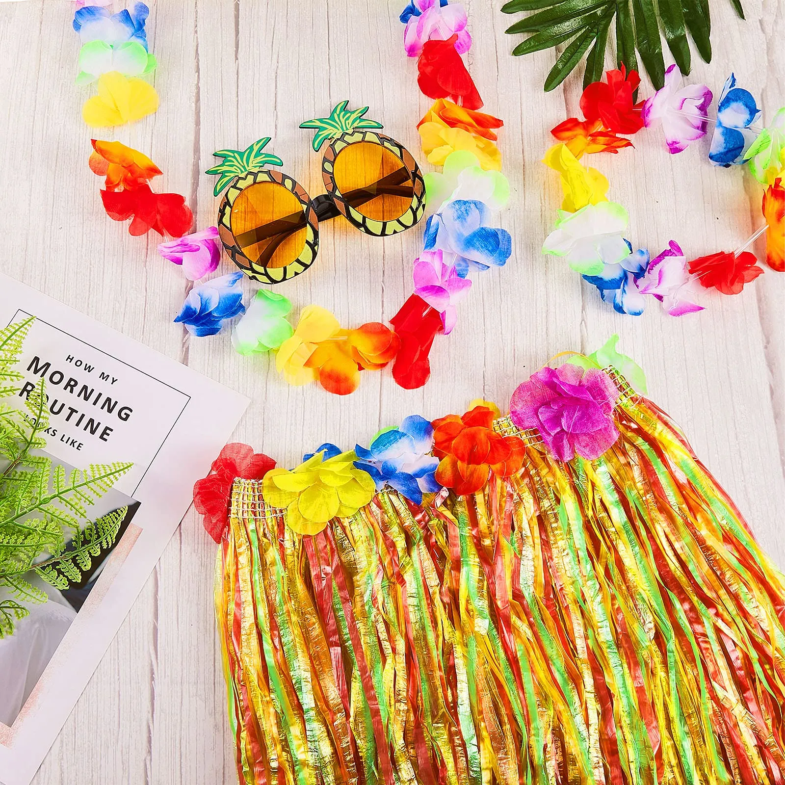 2 Sets 60 cm Hawaiian Hula Grass Skirt with Pineapple Sunglasses Flower Accessories, Straw Colorful Skirts