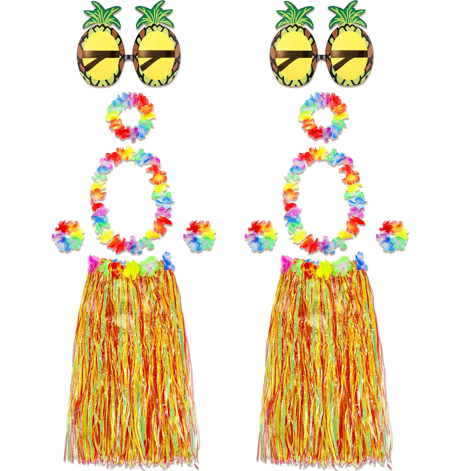 2 Sets 60 cm Hawaiian Hula Grass Skirt with Pineapple Sunglasses Flower Accessories, Straw Colorful Skirts