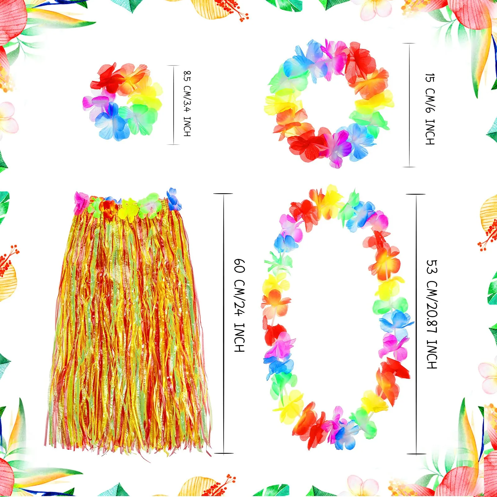 2 Sets 60 cm Hawaiian Hula Grass Skirt with Pineapple Sunglasses Flower Accessories, Straw Colorful Skirts