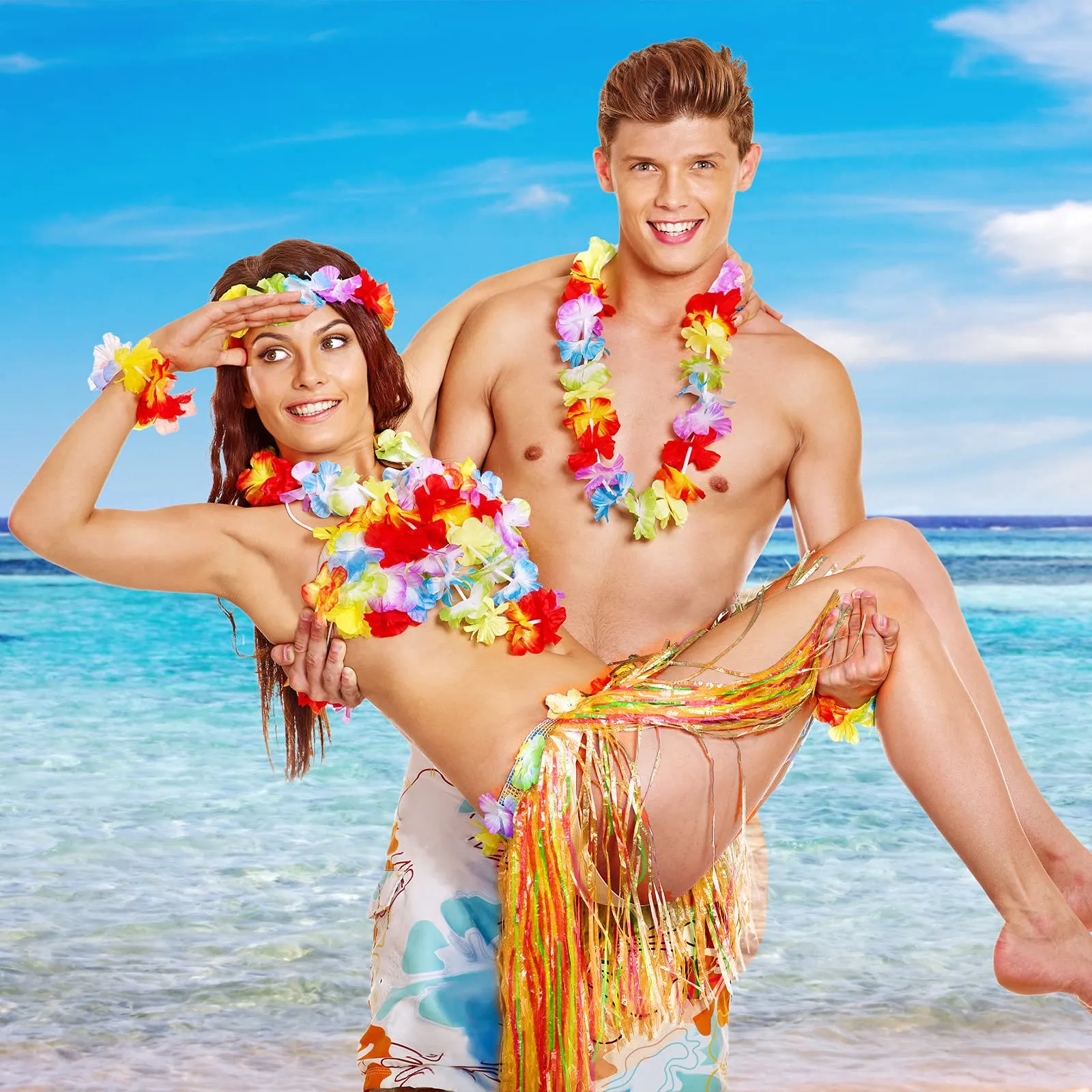 2 Sets 60 cm Hawaiian Hula Grass Skirt with Pineapple Sunglasses Flower Accessories, Straw Colorful Skirts
