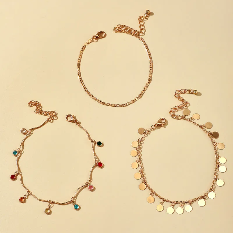 3pcs/sets Colorful Rhinestone Tassel Anklets for Women