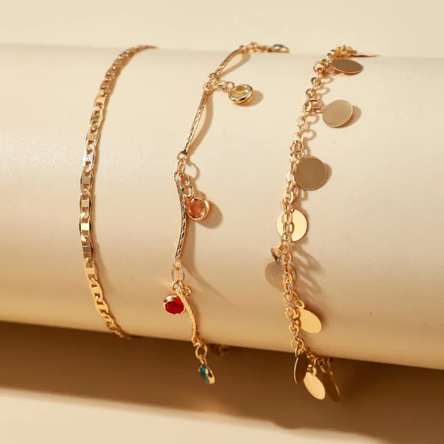 3pcs/sets Colorful Rhinestone Tassel Anklets for Women