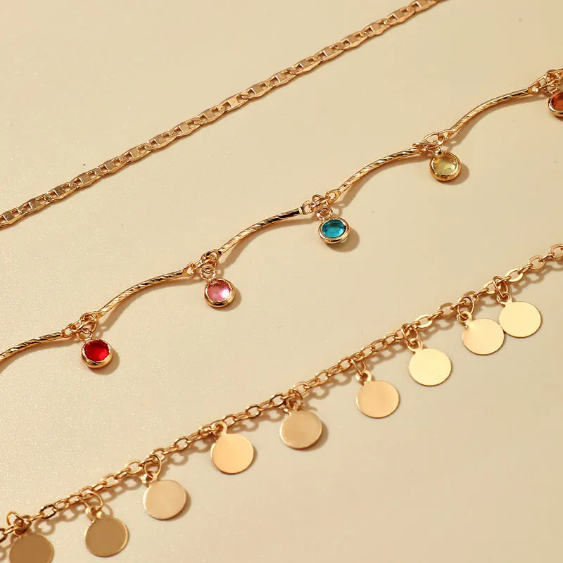 3pcs/sets Colorful Rhinestone Tassel Anklets for Women