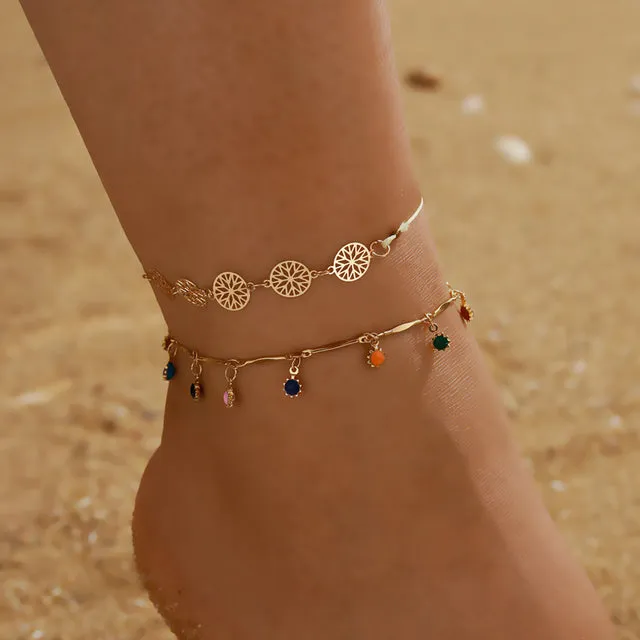 3pcs/sets Colorful Rhinestone Tassel Anklets for Women