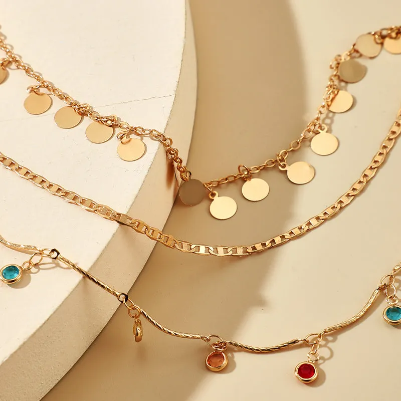 3pcs/sets Colorful Rhinestone Tassel Anklets for Women