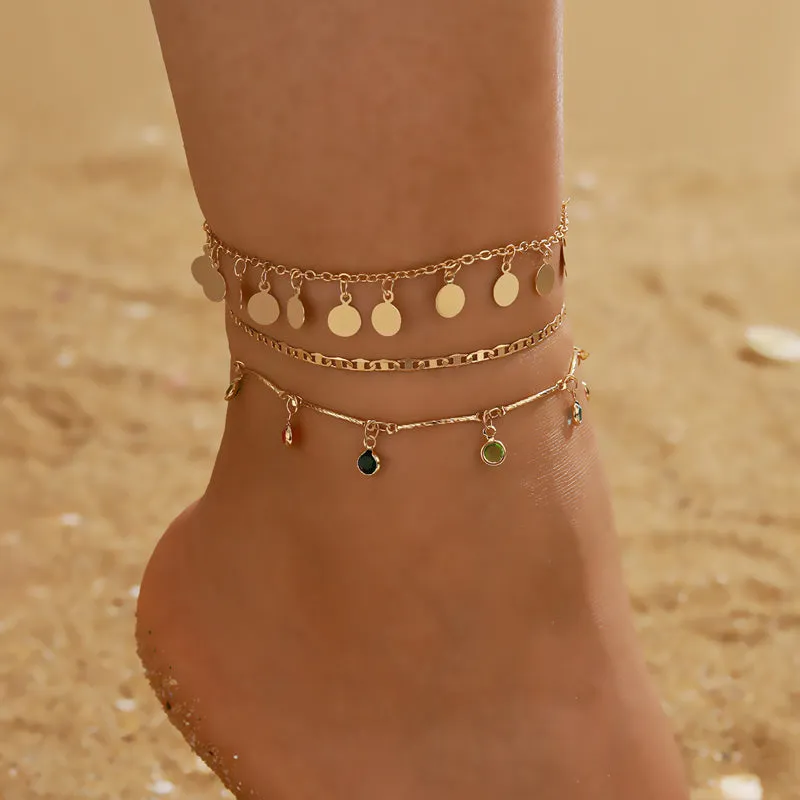 3pcs/sets Colorful Rhinestone Tassel Anklets for Women