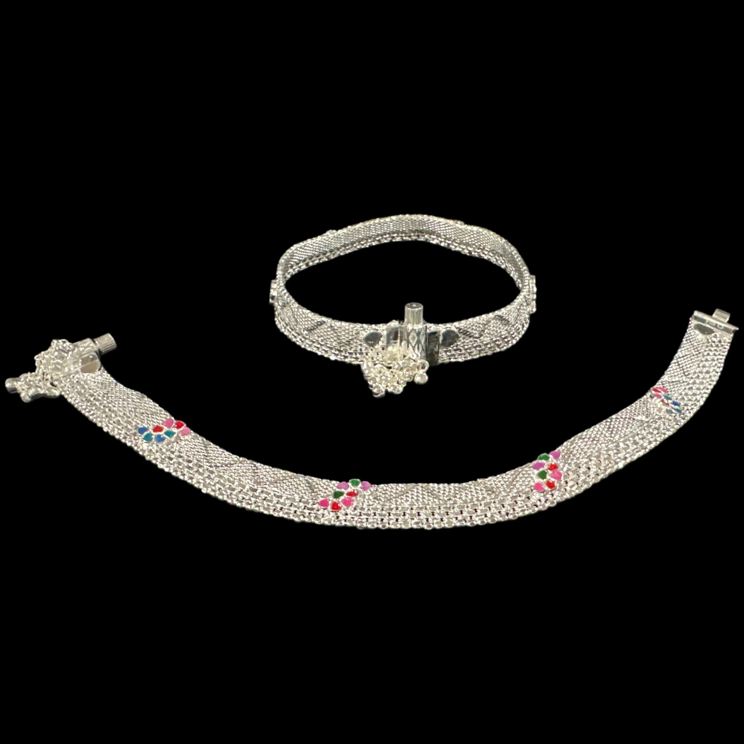 800 Silver Rajwada Hallmarked Pajeb Anklet with Meena - Style #23