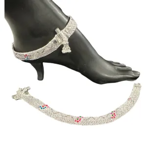 800 Silver Rajwada Hallmarked Pajeb Anklet with Meena - Style #23