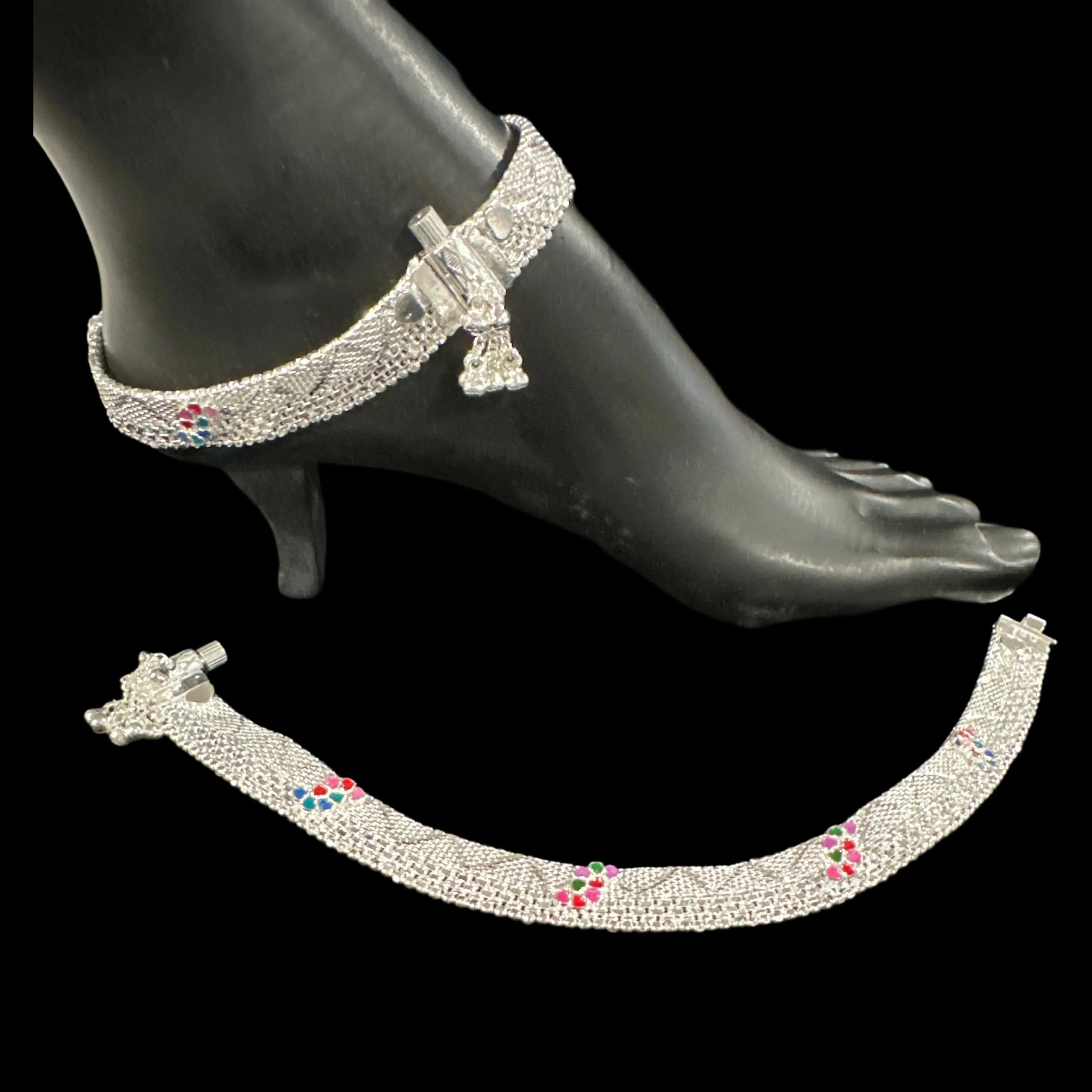 800 Silver Rajwada Hallmarked Pajeb Anklet with Meena - Style #23
