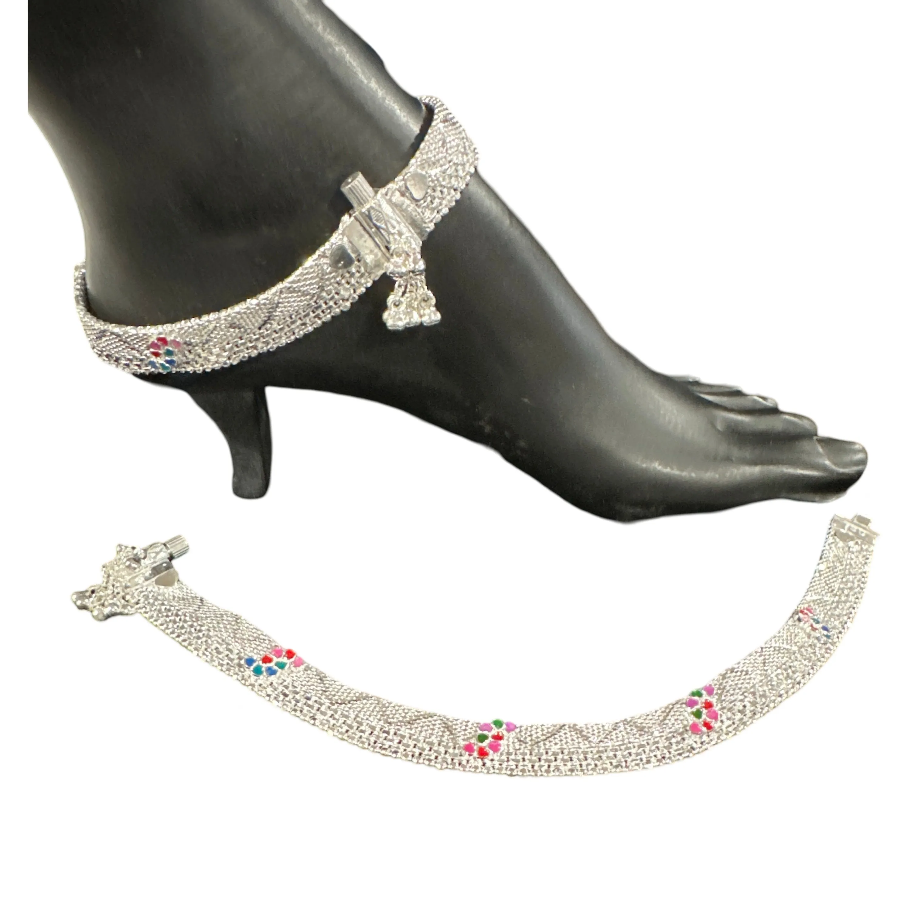 800 Silver Rajwada Hallmarked Pajeb Anklet with Meena - Style #23