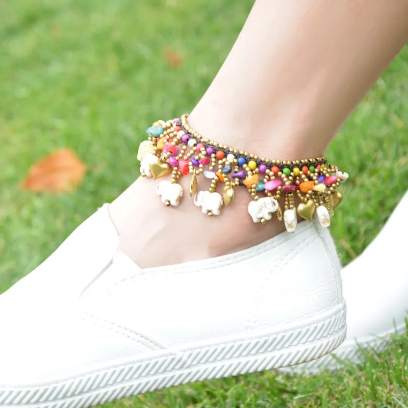 Bohemian Elephant Colorful Semi-precious Stone Female Anklet