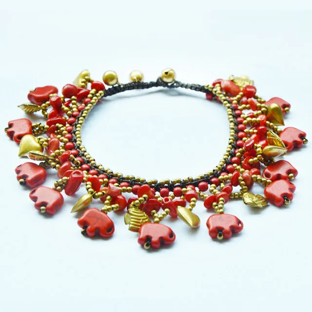 Bohemian Elephant Colorful Semi-precious Stone Female Anklet