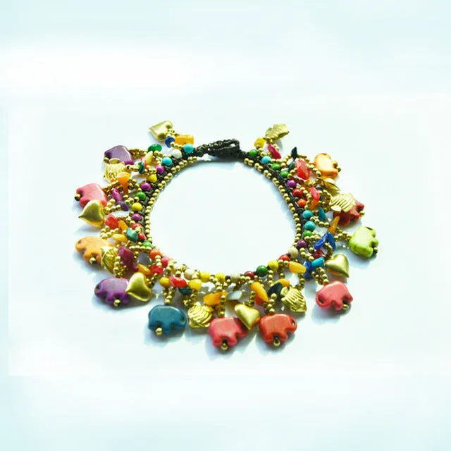 Bohemian Elephant Colorful Semi-precious Stone Female Anklet