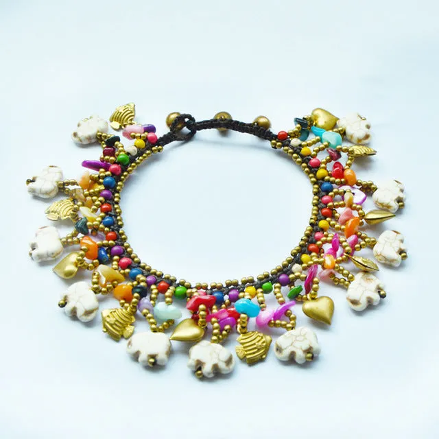 Bohemian Elephant Colorful Semi-precious Stone Female Anklet