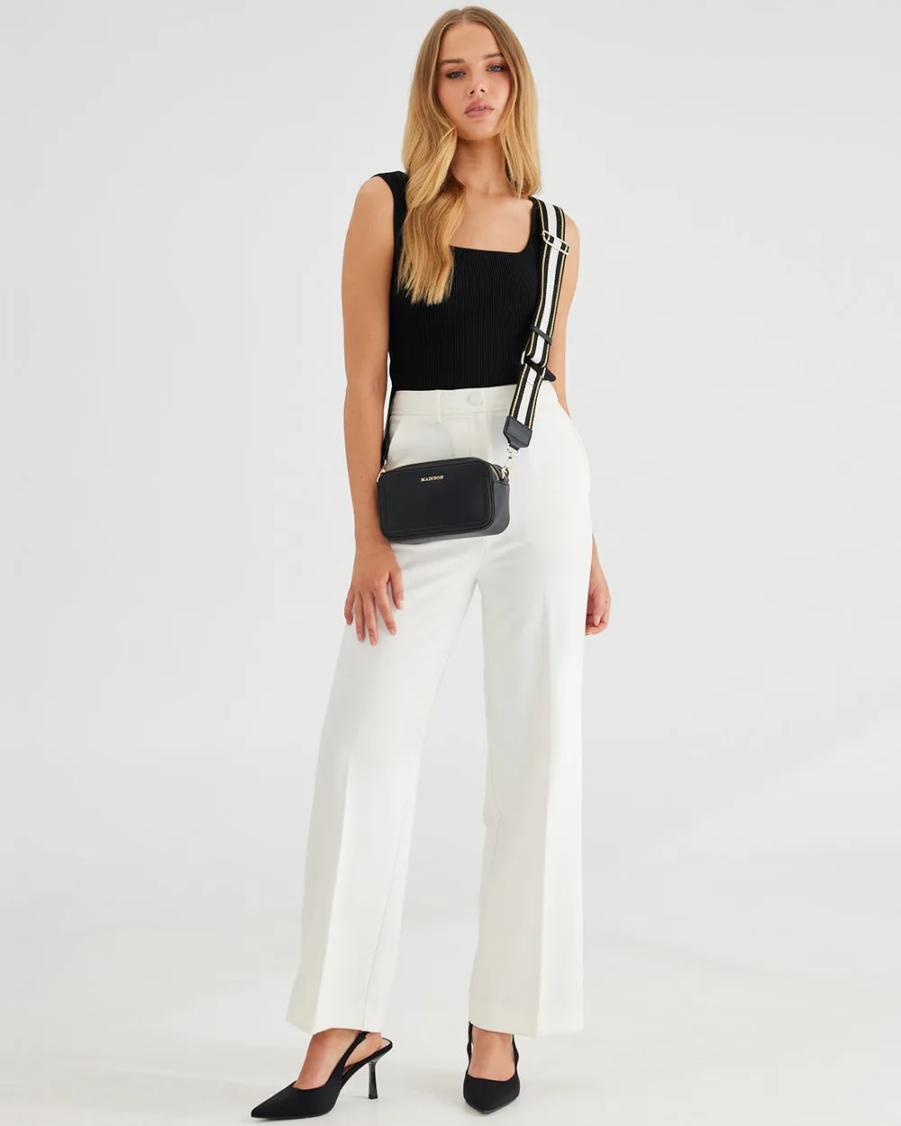 Maddie Double Zip Camera Crossbody Bag   Metallic Stripe Bag Strap