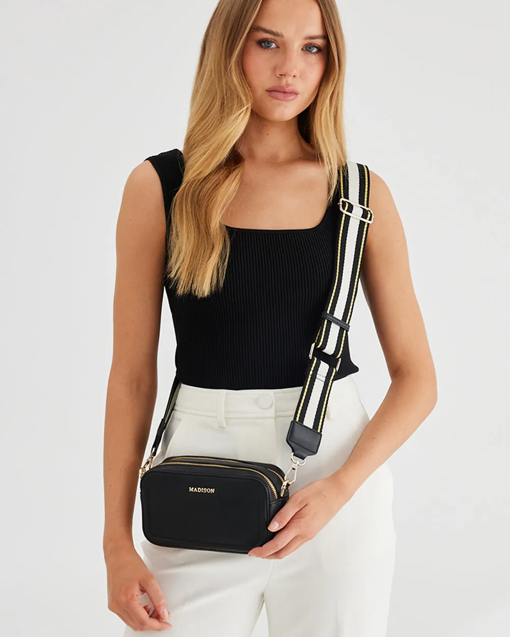 Maddie Double Zip Camera Crossbody Bag   Metallic Stripe Bag Strap