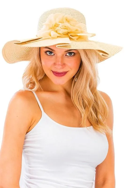 Overlap stitch ruffle straw sun hat for women