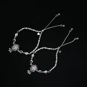 Silver Anklet with Colorful Flower, Ghungroo, and Silver Beads.
