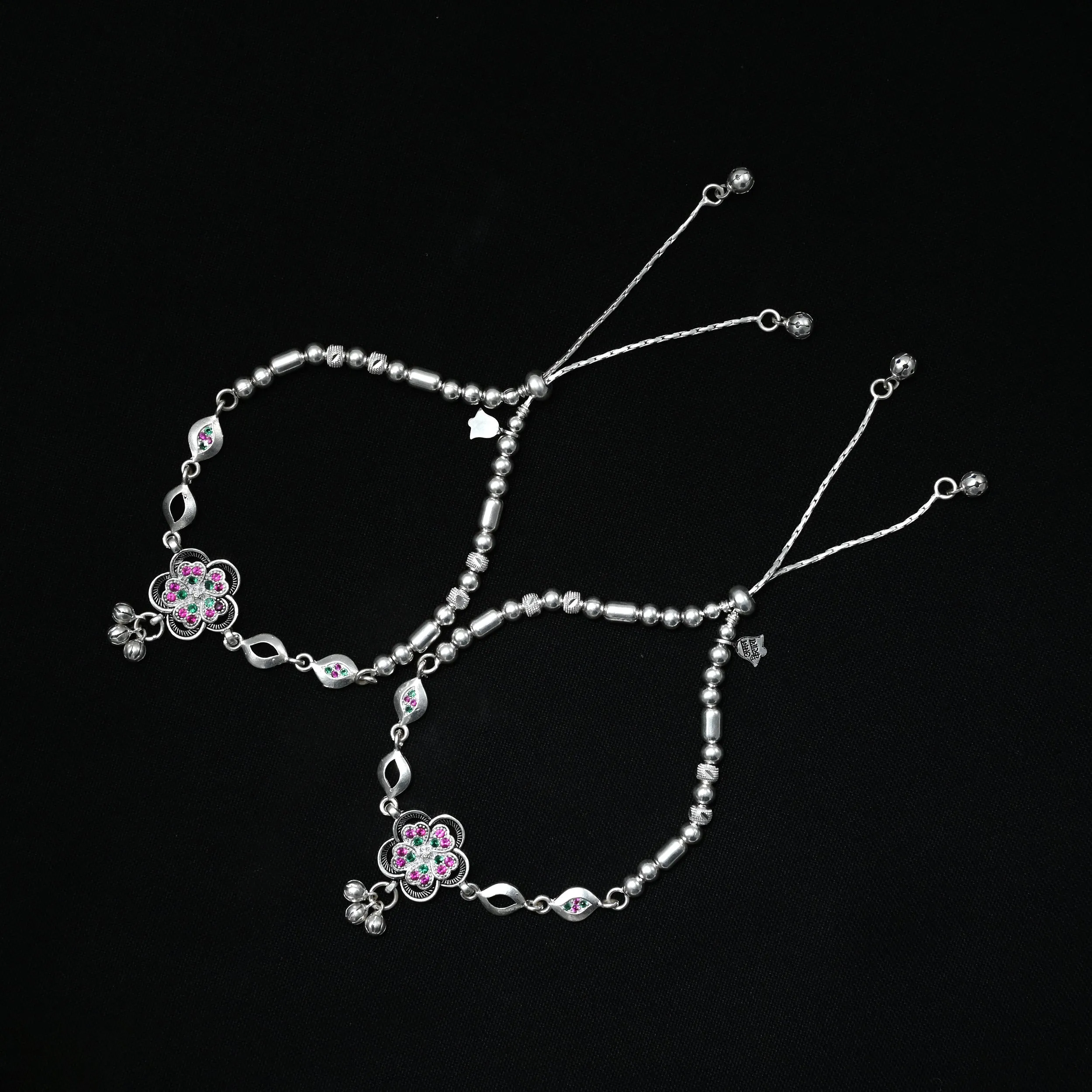 Silver Anklet with Colorful Flower, Ghungroo, and Silver Beads.