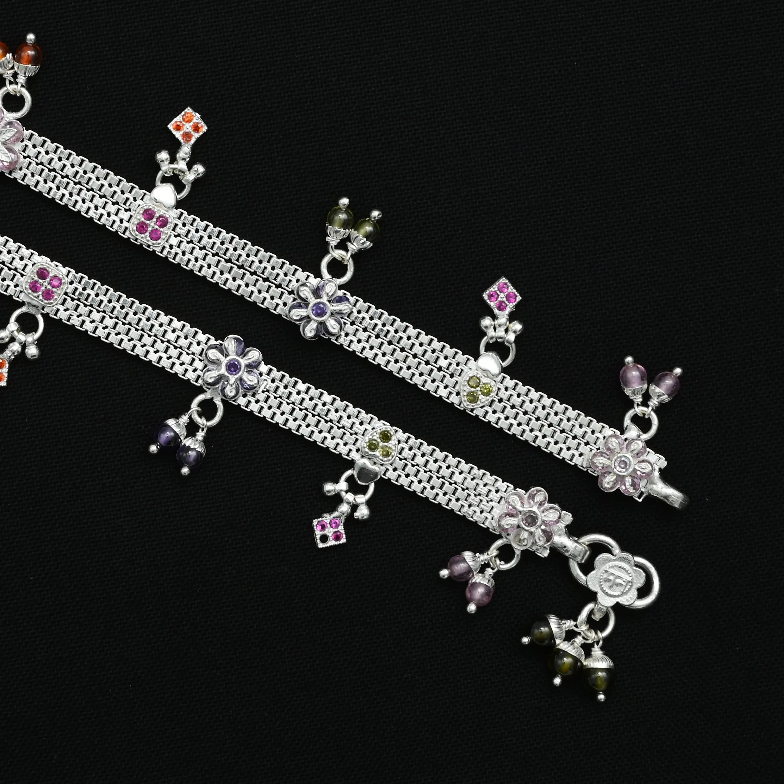 Silver Designs Of Expensive Colourful Beads Anklets