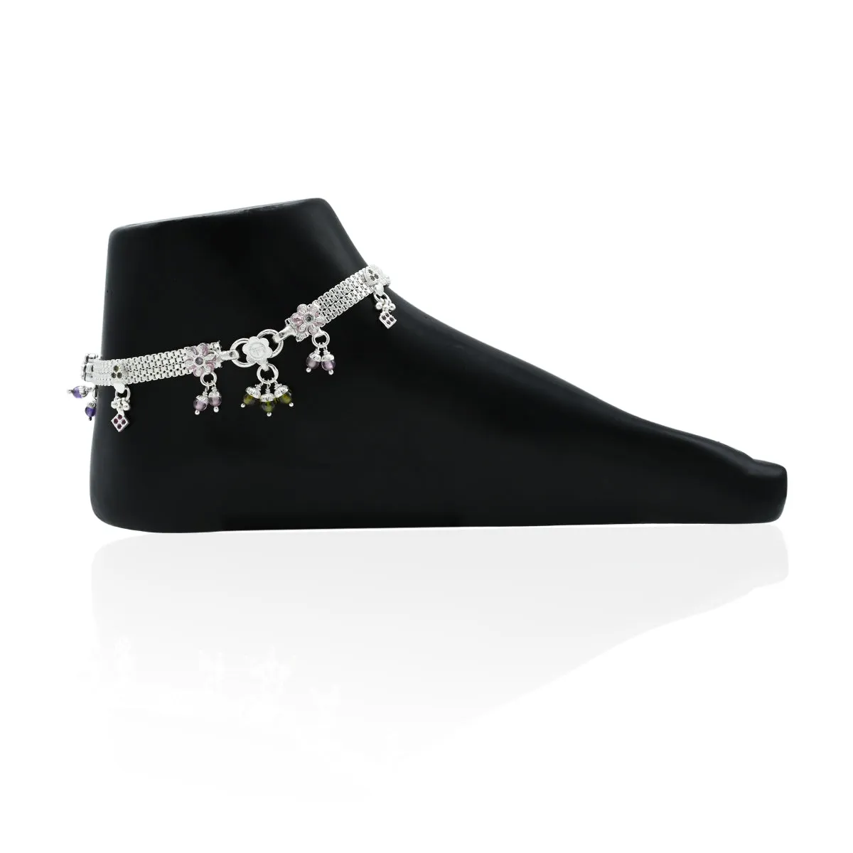 Silver Designs Of Expensive Colourful Beads Anklets