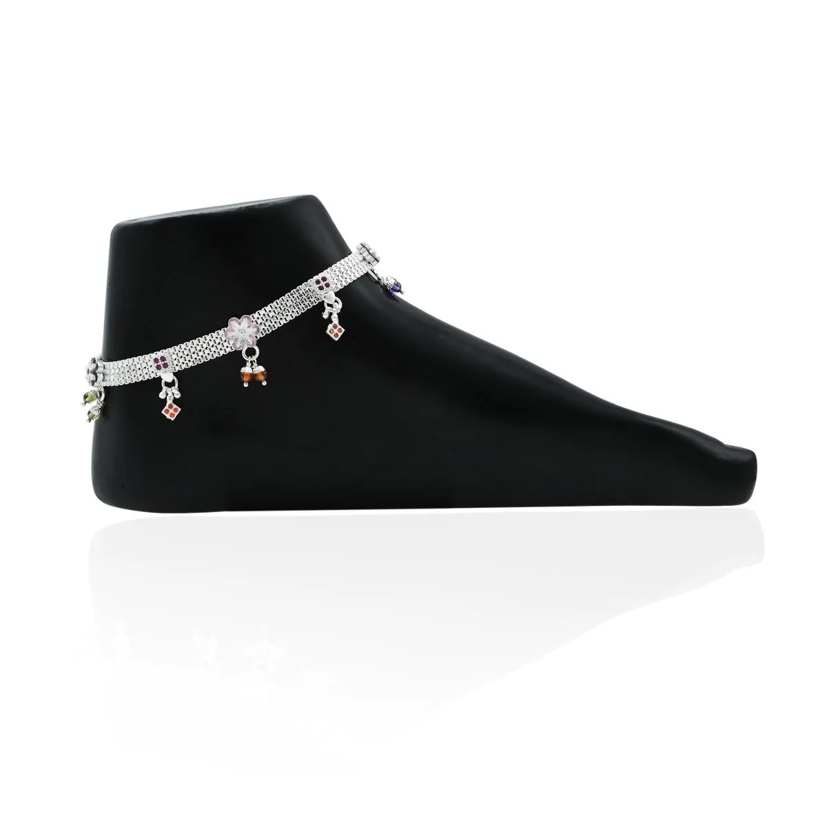 Silver Designs Of Expensive Colourful Beads Anklets