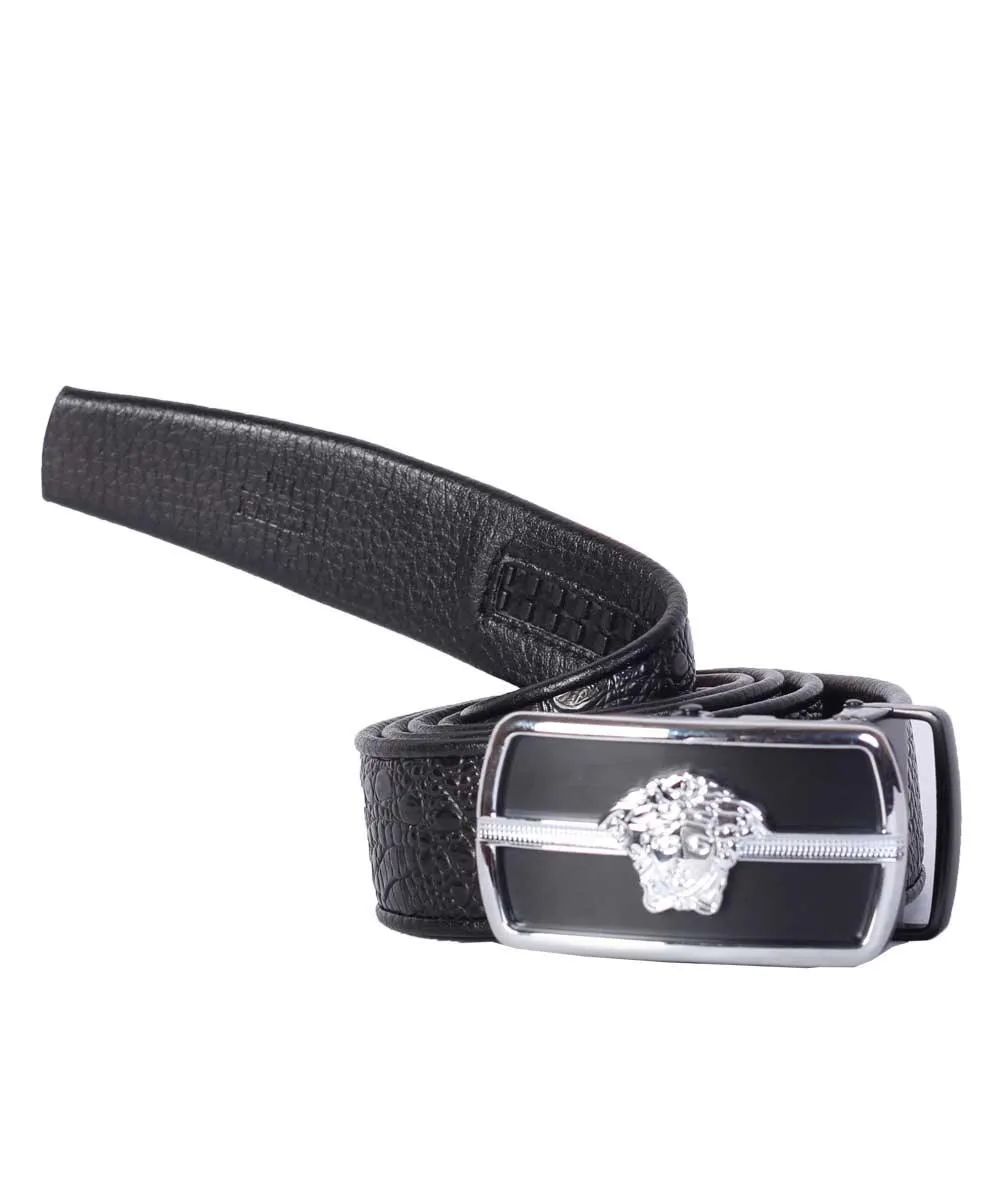 Versace Stylish Black Silver Medusa Logo Leather Belt