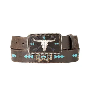 Women's Brown Cowskull Belt With Turquoise Embroidery A1565834